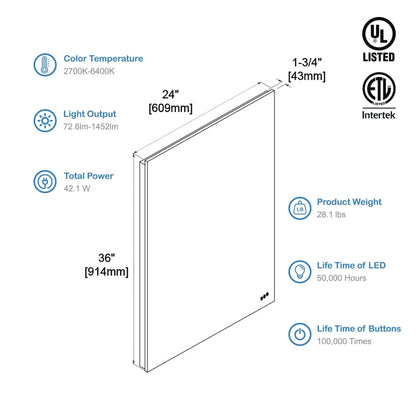 Blossom Beta 24" x 36" Wall-Mounted Rectangle LED Mirror With Frosted Sides