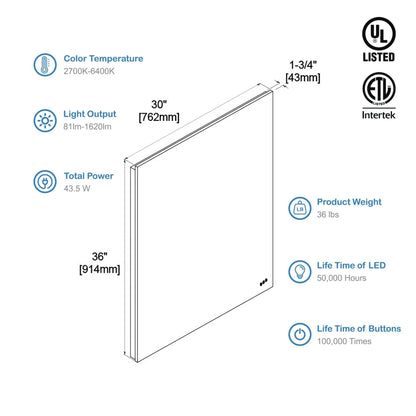Blossom Beta 30" x 36" Wall-Mounted Rectangle LED Mirror With Frosted Sides