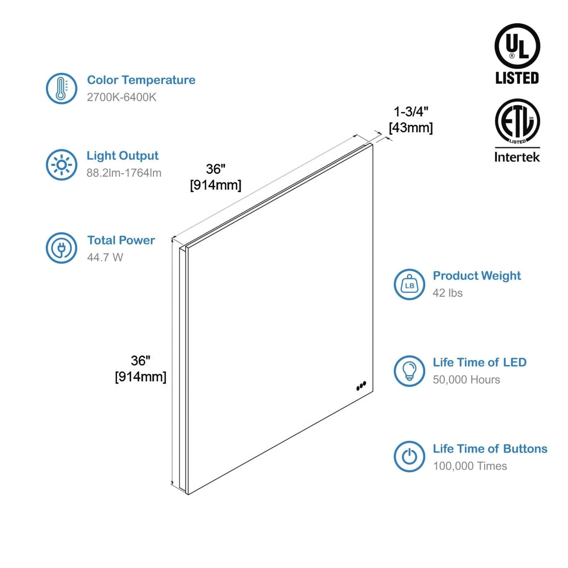 Blossom Beta 36" x 36" Wall-Mounted Square LED Mirror With Frosted Sides