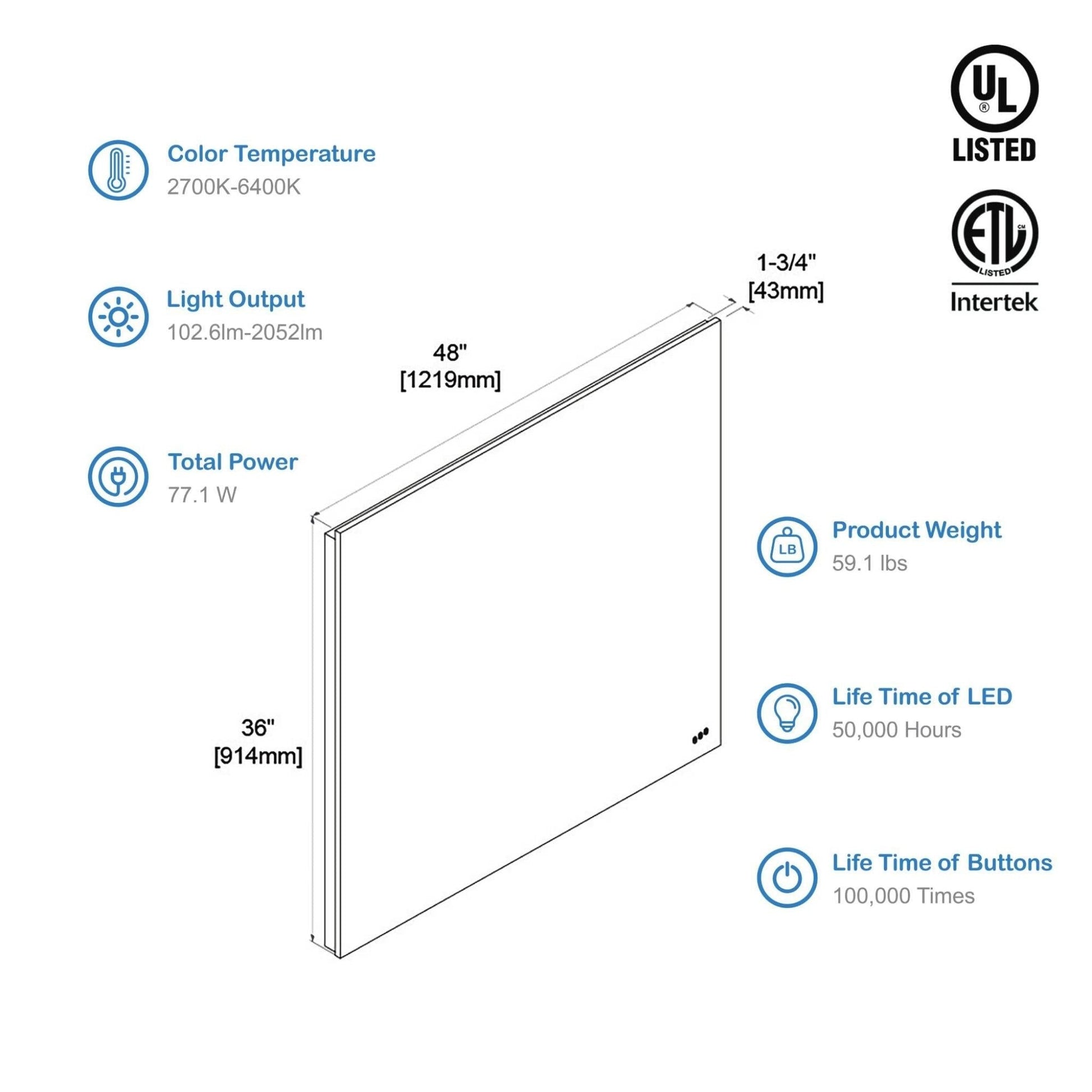 Blossom Beta 48" x 36" Wall-Mounted Rectangle LED Mirror With Frosted Sides