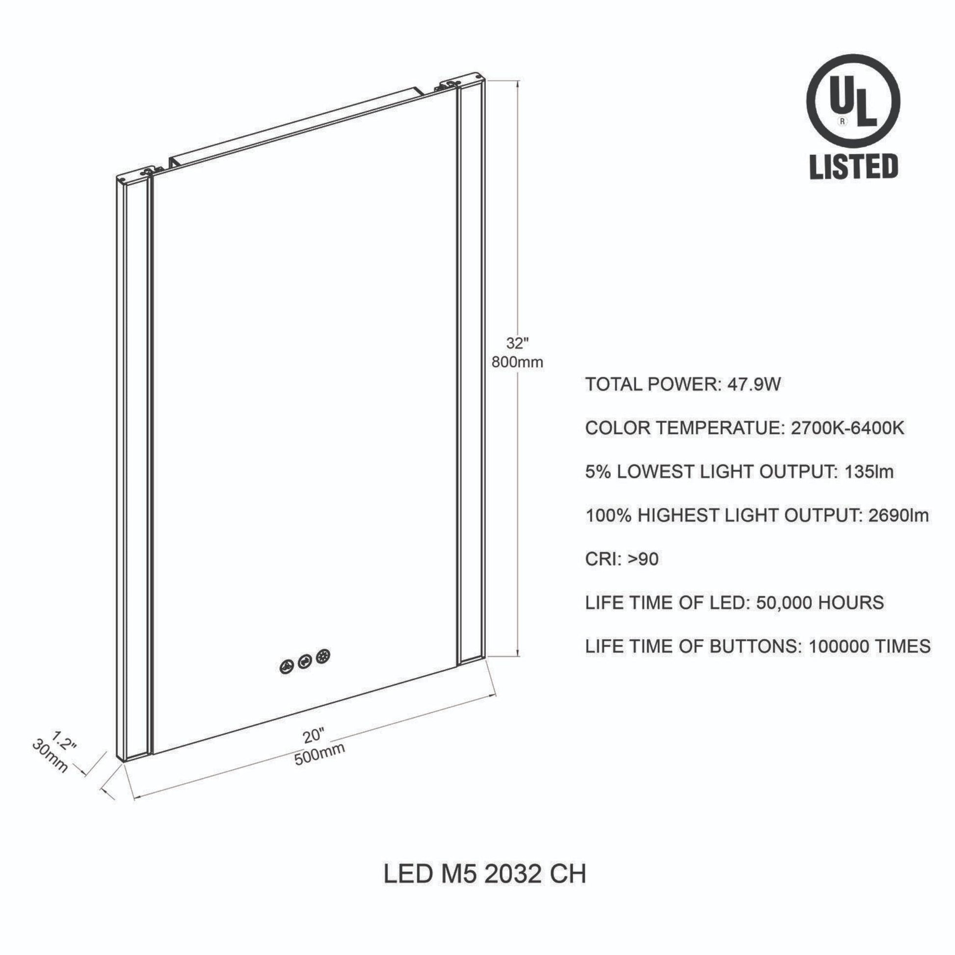 Blossom Binary 20" x 32" Chrome Wall-Mounted Rectangle LED Mirror