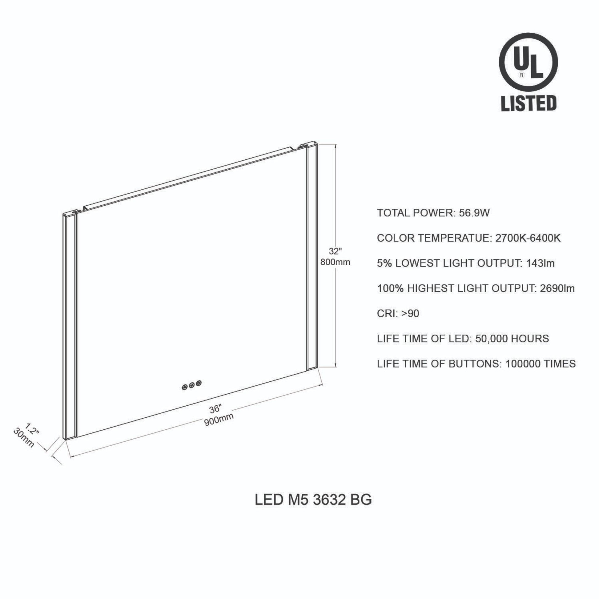 Blossom Binary 36" x 32" Brushed Gold Wall-Mounted Rectangle LED Mirror