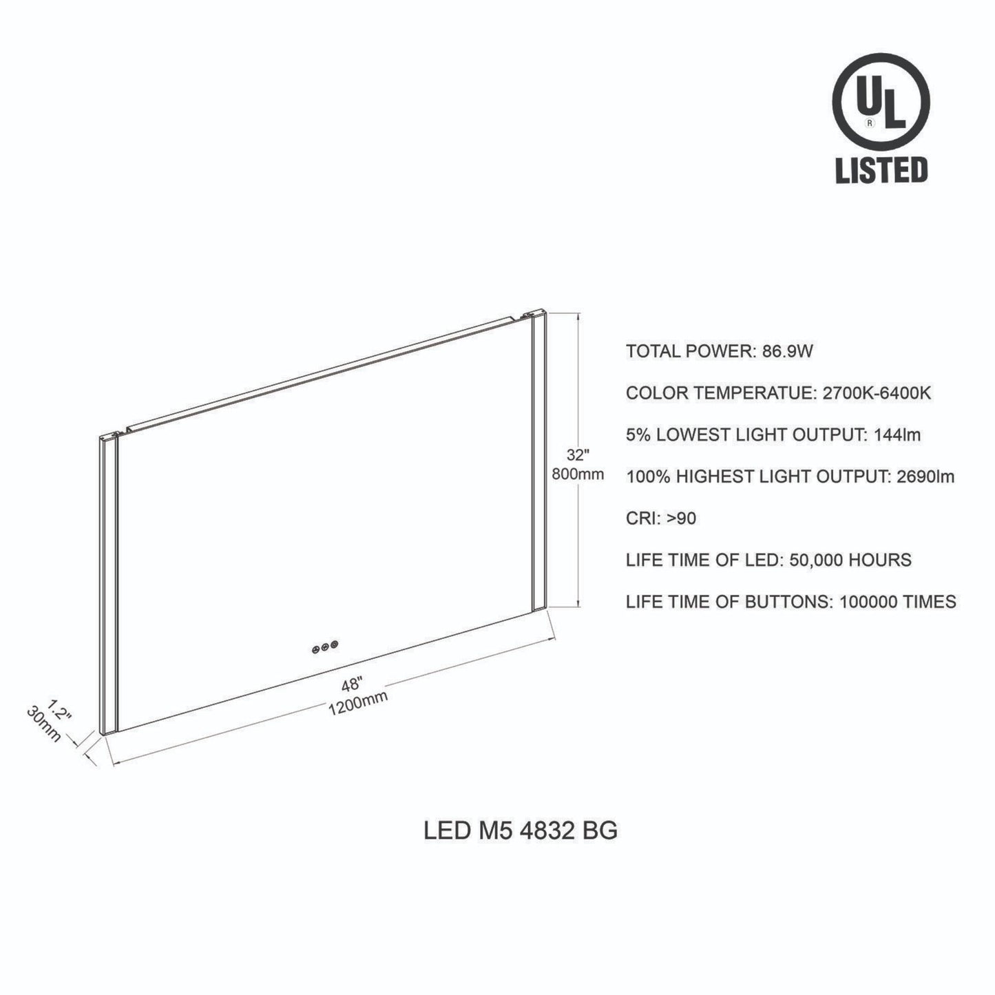 Blossom Binary 48" x 32" Brushed Gold Wall-Mounted Rectangle LED Mirror