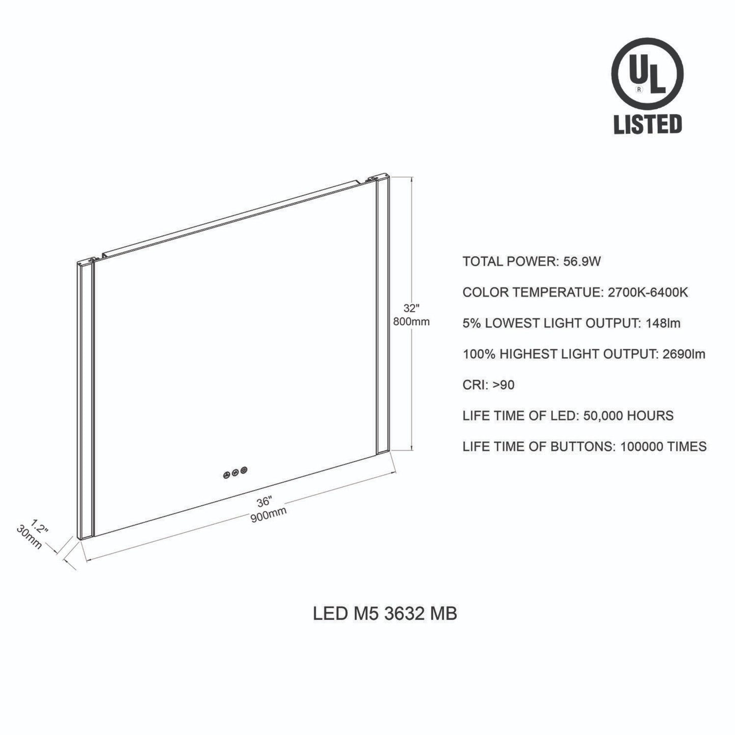 Blossom Binary 48" x 32" Matte Black Wall-Mounted Rectangle LED Mirror