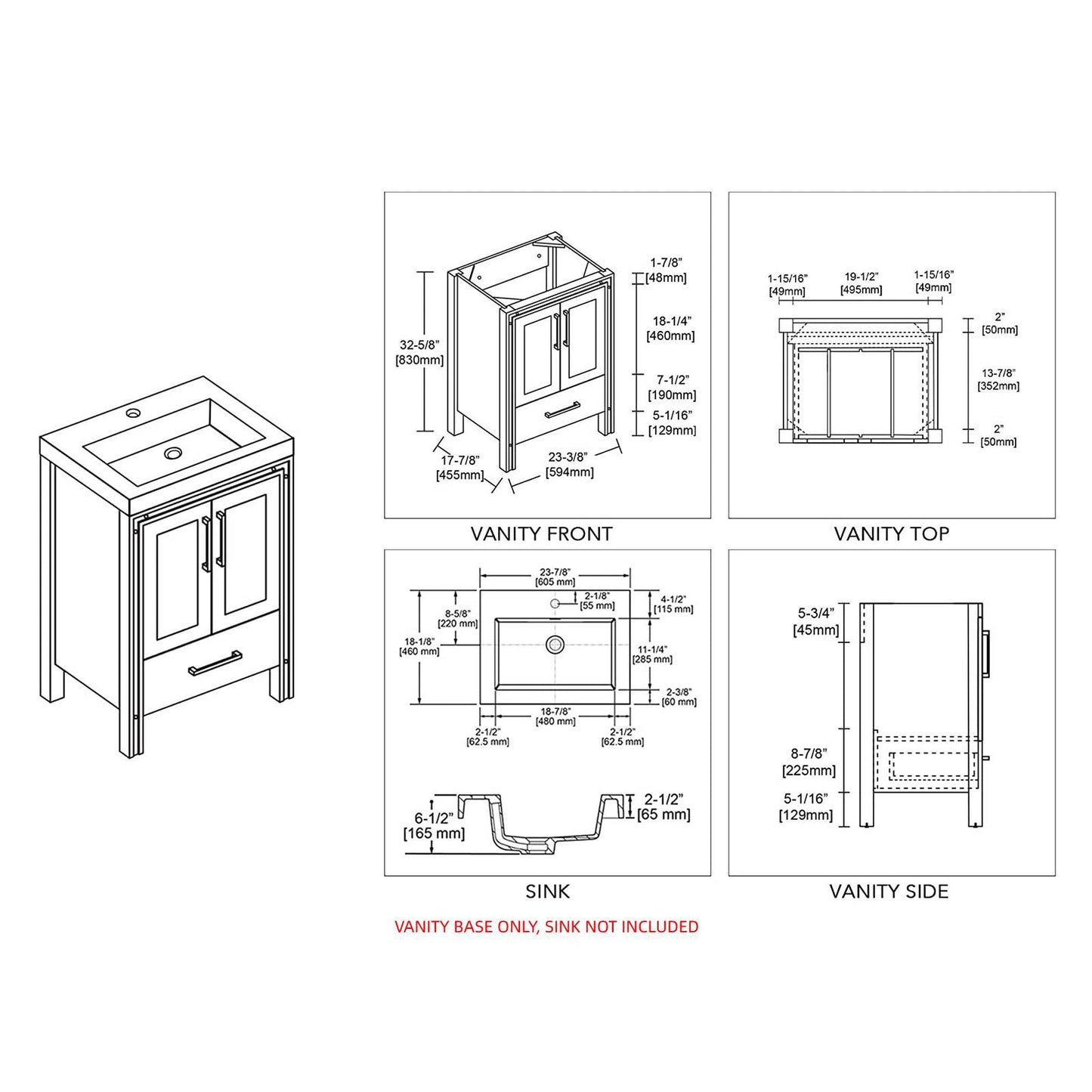 Blossom Birmingham 24" 2-Door 1-Drawer Glossy White Freestanding Vanity Base