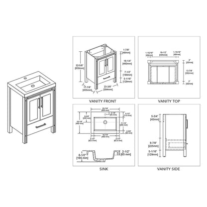 Blossom Birmingham 24" 2-Door 1-Drawer Glossy White Freestanding Vanity Set With Acrylic Top And Integrated Sink