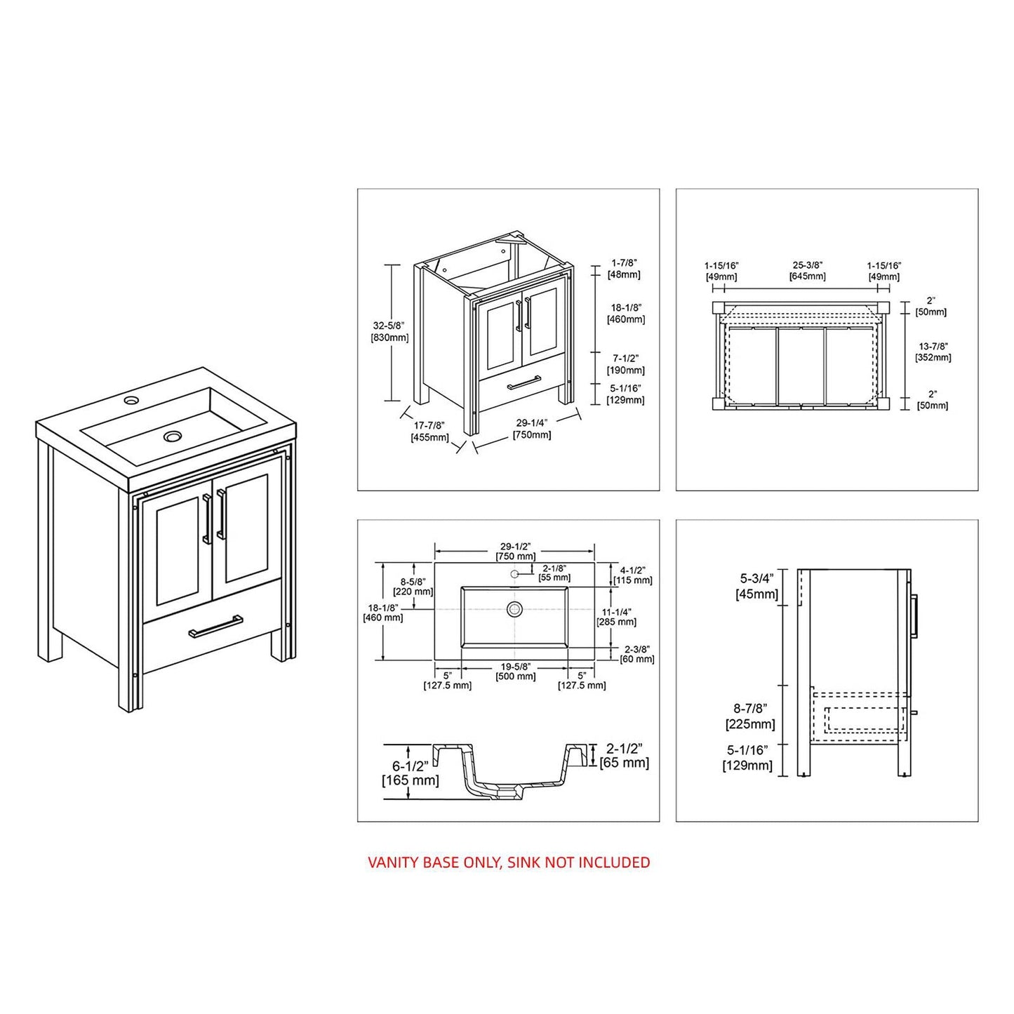 Blossom Birmingham 30" 2-Door 1-Drawer Glossy White Freestanding Vanity Base