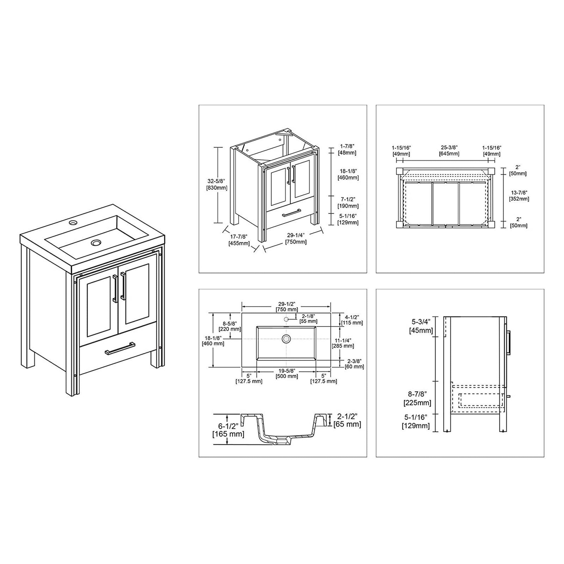 Blossom Birmingham 30" 2-Door 1-Drawer Glossy White Freestanding Vanity Set With Acrylic Top And Integrated Sink