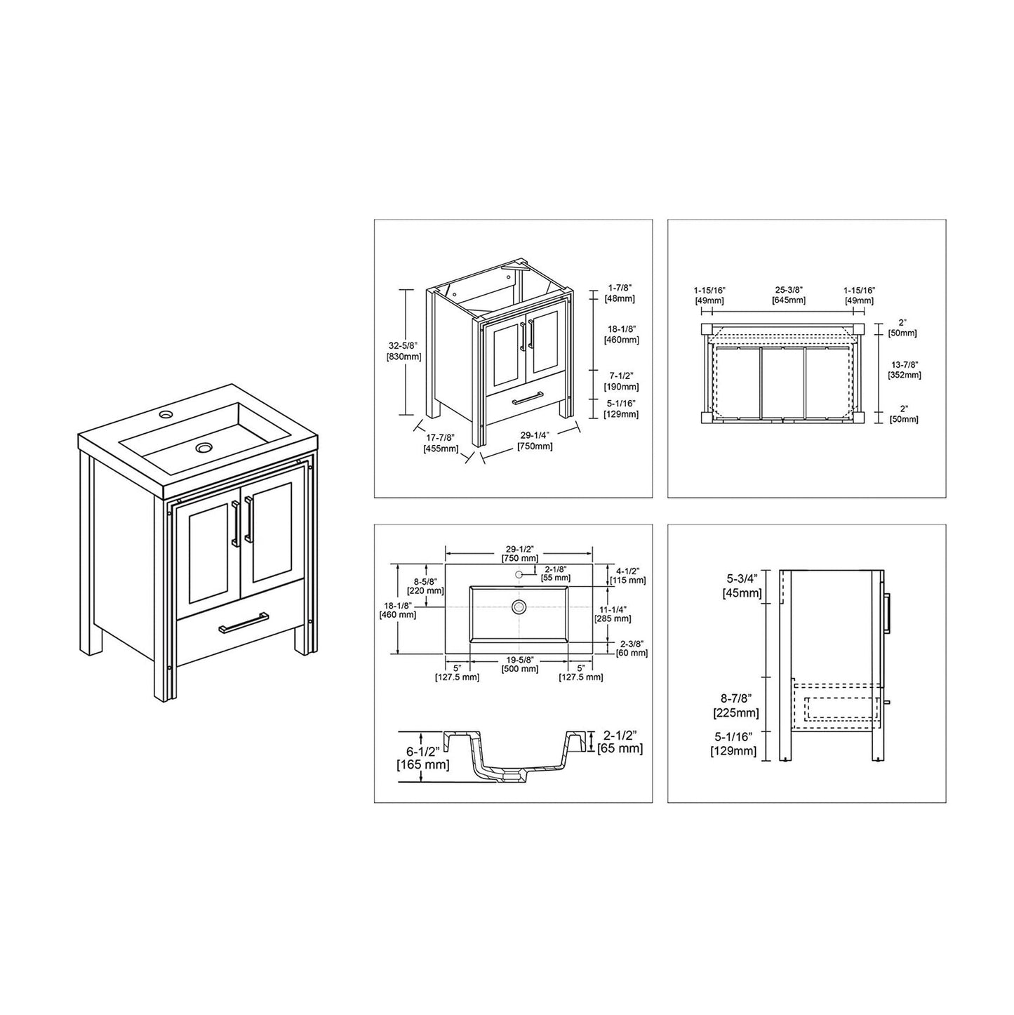 Blossom Birmingham 30" 2-Door 1-Drawer Matte Gray Freestanding Vanity Set With Acrylic Top And Integrated Sink