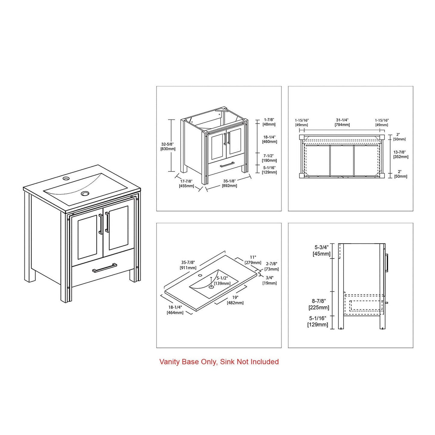 Blossom Birmingham 36" 2-Door 1-Drawer Glossy White Freestanding Vanity Base