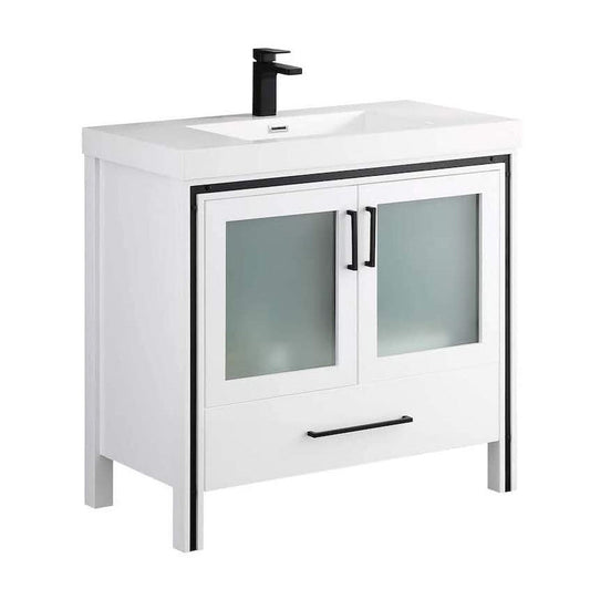 Blossom Birmingham 36" 2-Door 1-Drawer Glossy White Freestanding Vanity Set With Acrylic Top And Integrated Sink