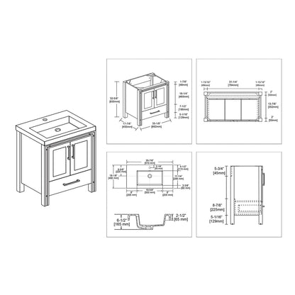 Blossom Birmingham 36" 2-Door 1-Drawer Matte Gray Freestanding Vanity Set With Acrylic Top And Integrated Sink