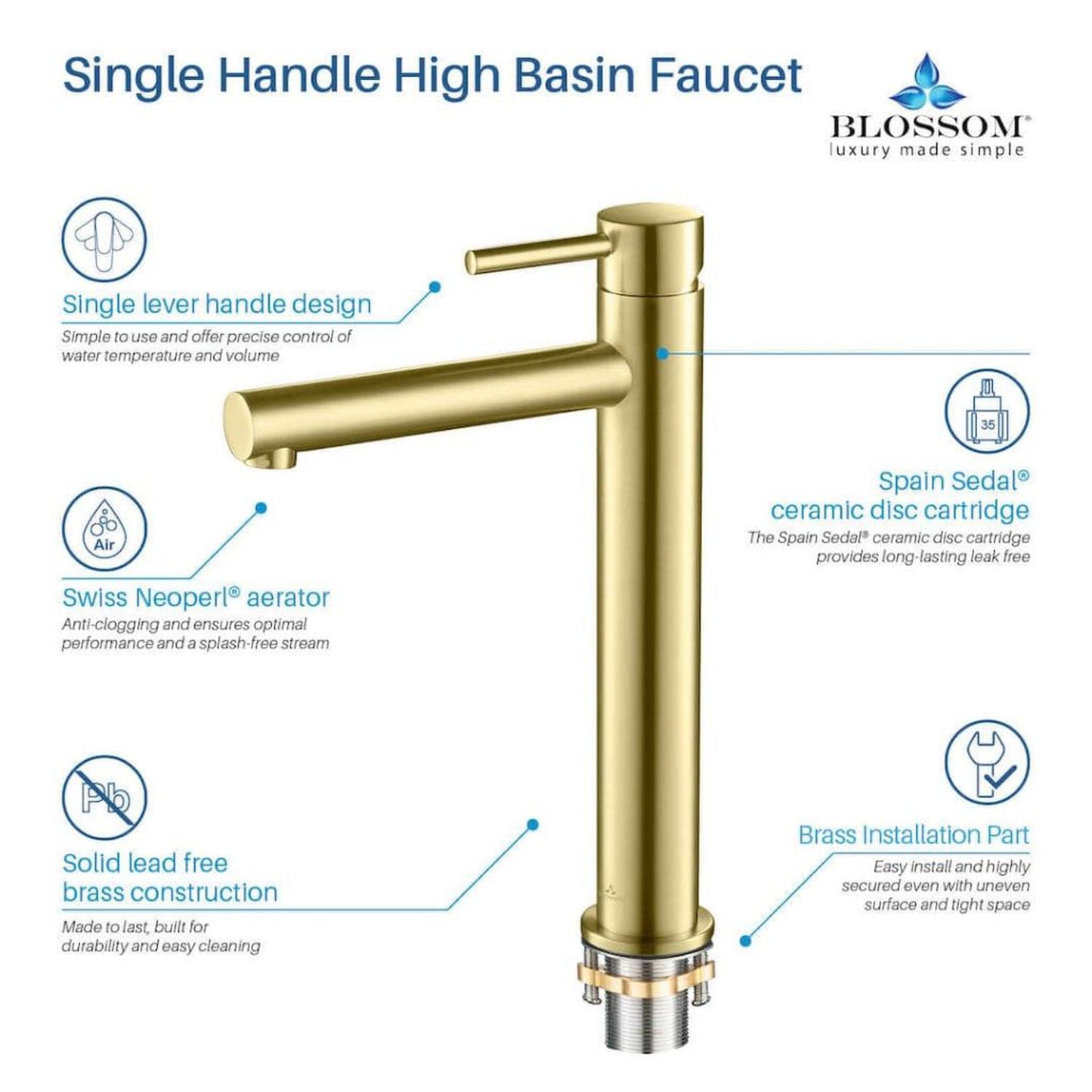 Blossom F01 117 7" x 12" Brushed Gold Lever Handle Bathroom Sink Single Hole Faucet