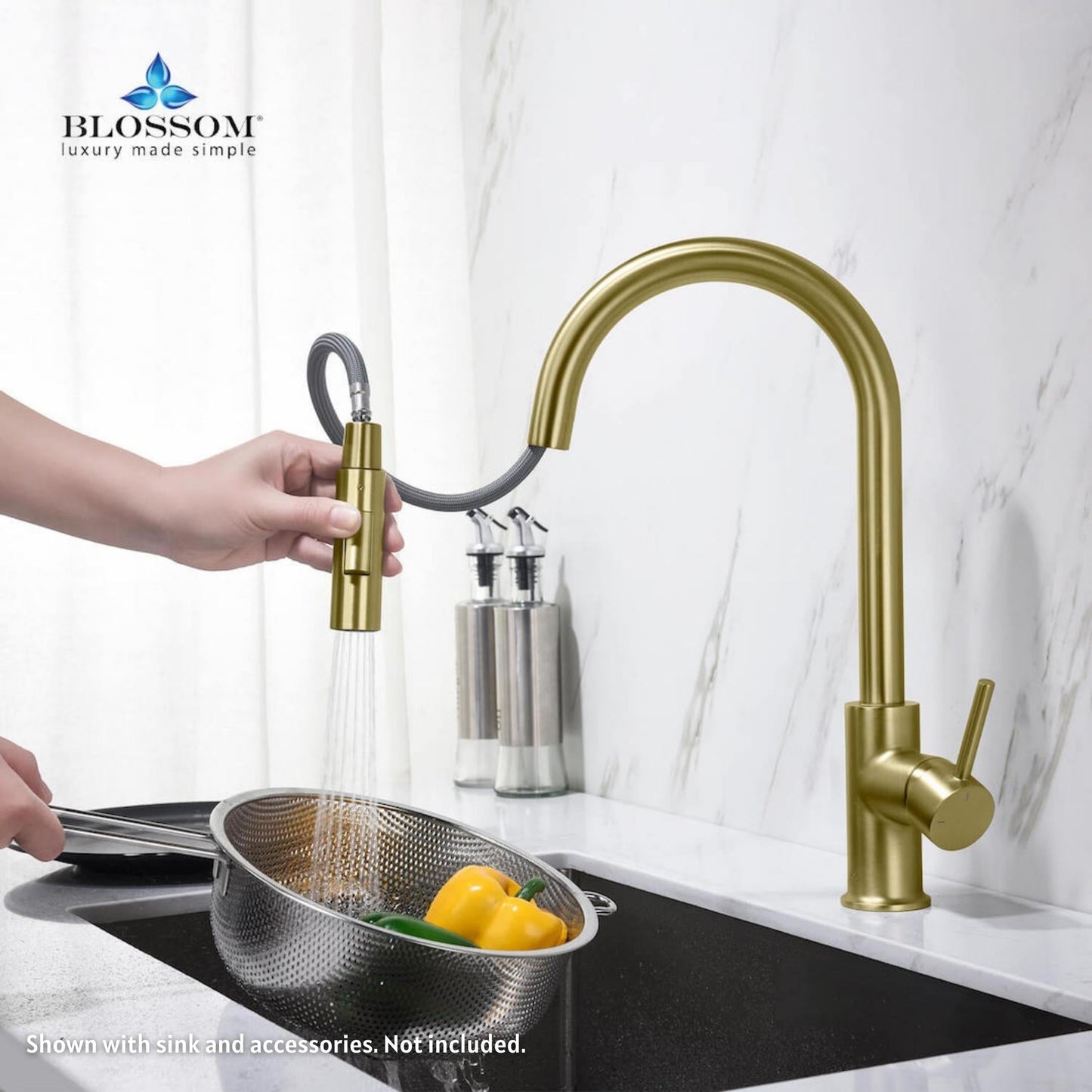 Blossom F01 206 9" x 17" Brushed Gold Single Lever Handle Pull Down Kitchen Faucet
