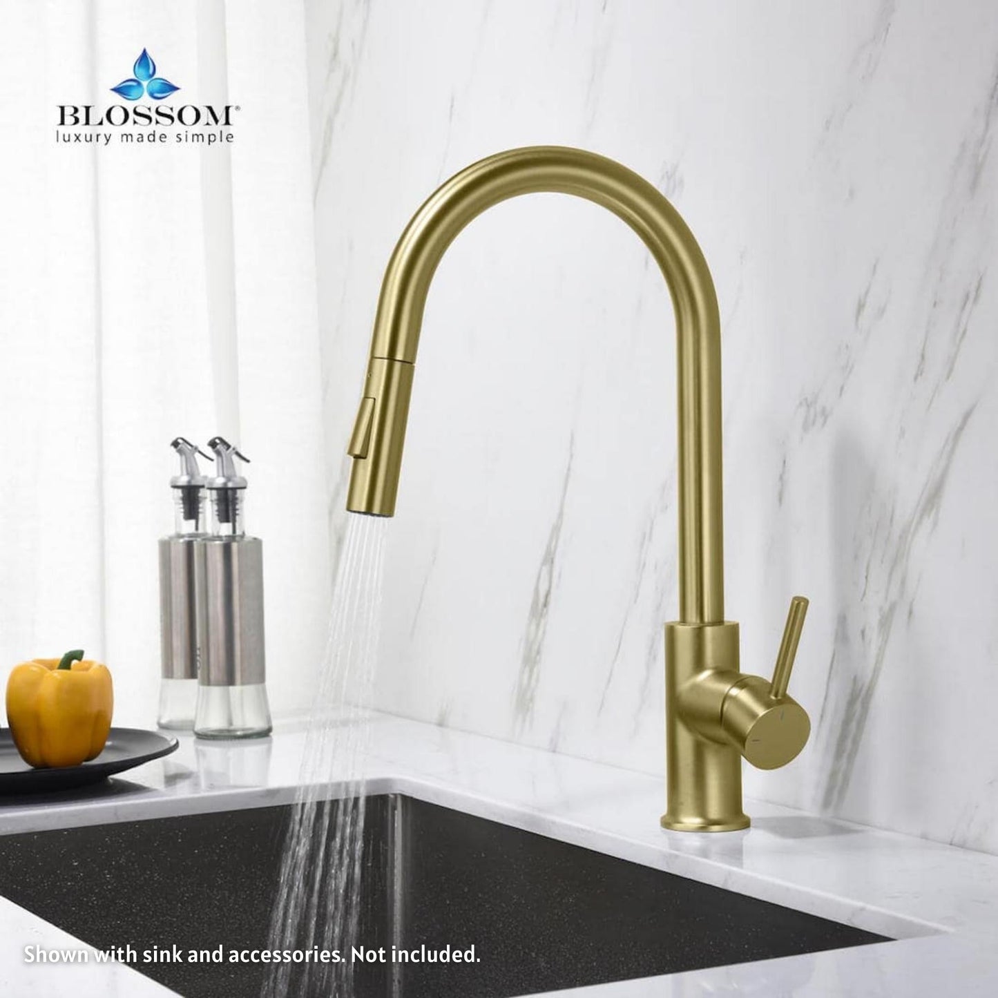 Blossom F01 206 9" x 17" Brushed Gold Single Lever Handle Pull Down Kitchen Faucet