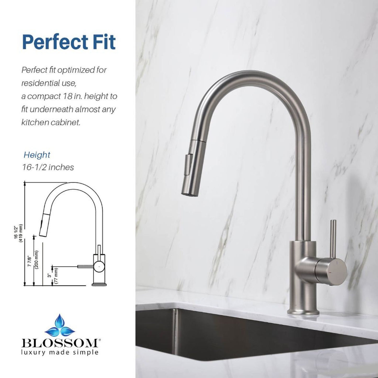 Blossom F01 206 9" x 17" Brushed Nickel Single Lever Handle Pull Down Kitchen Faucet