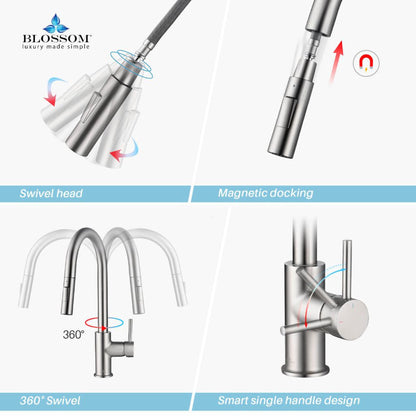 Blossom F01 206 9" x 17" Brushed Nickel Single Lever Handle Pull Down Kitchen Faucet