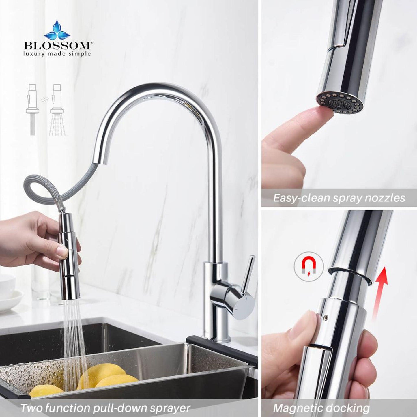 Blossom F01 206 9" x 17" Chrome Single Lever Handle Pull Down Kitchen Faucet