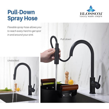 Blossom F01 206 9" x 17" Matte Black Single Lever Handle Pull Down Kitchen Faucet