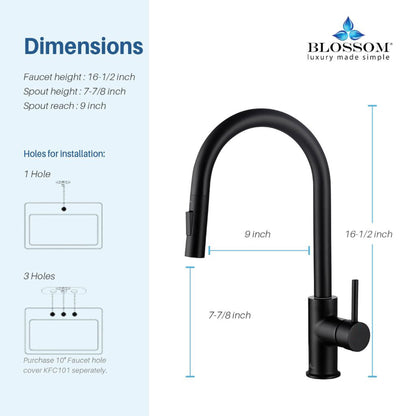 Blossom F01 206 9" x 17" Matte Black Single Lever Handle Pull Down Kitchen Faucet