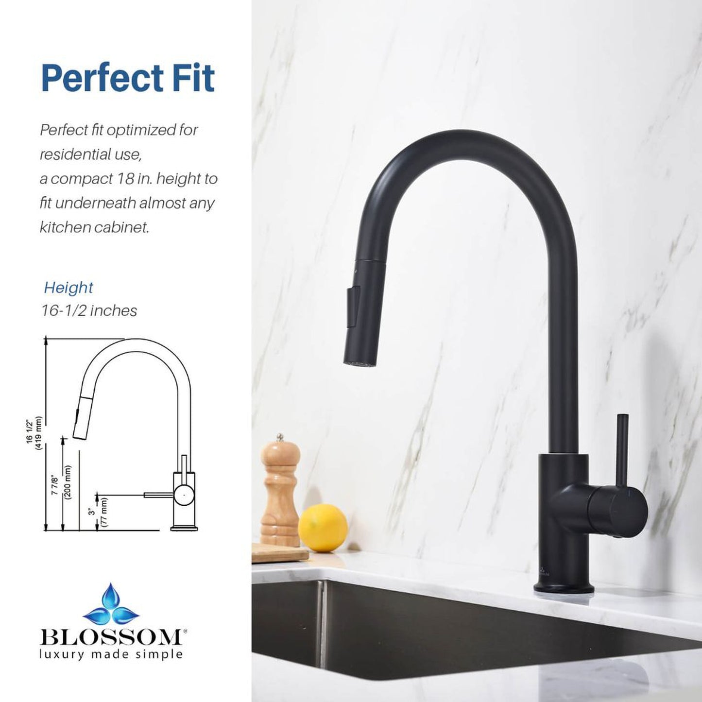 Blossom F01 206 9" x 17" Matte Black Single Lever Handle Pull Down Kitchen Faucet