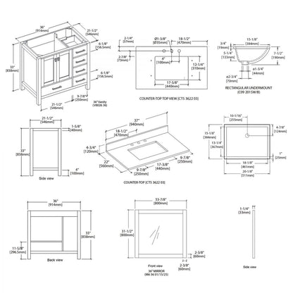 Blossom Geneva 36" 2-Door 5-Drawer Matte White Freestanding Solid Wood Single Vanity Base