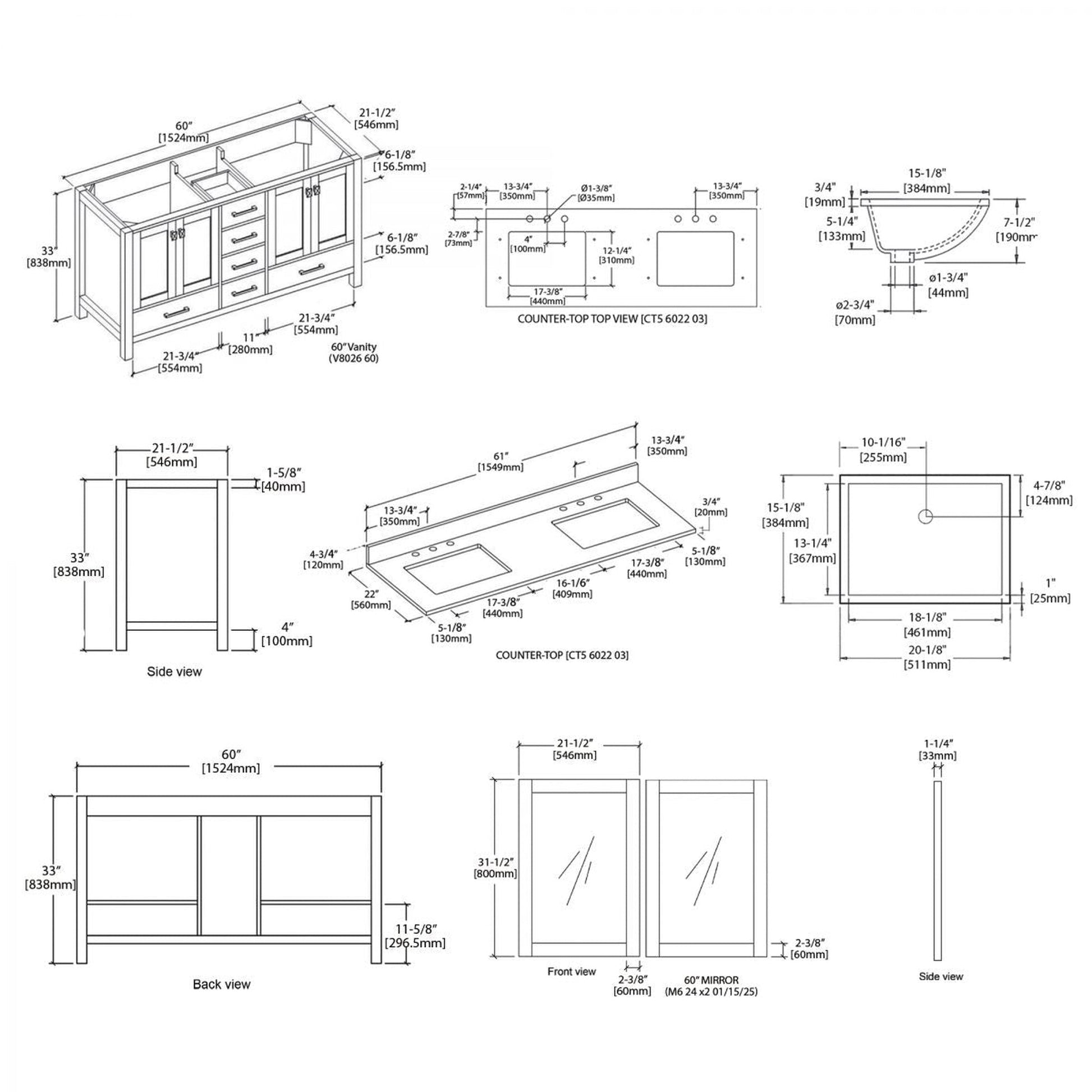 Blossom Geneva 60" 4-Door 6-Drawer Matte White Freestanding Solid Wood Double Vanity Base