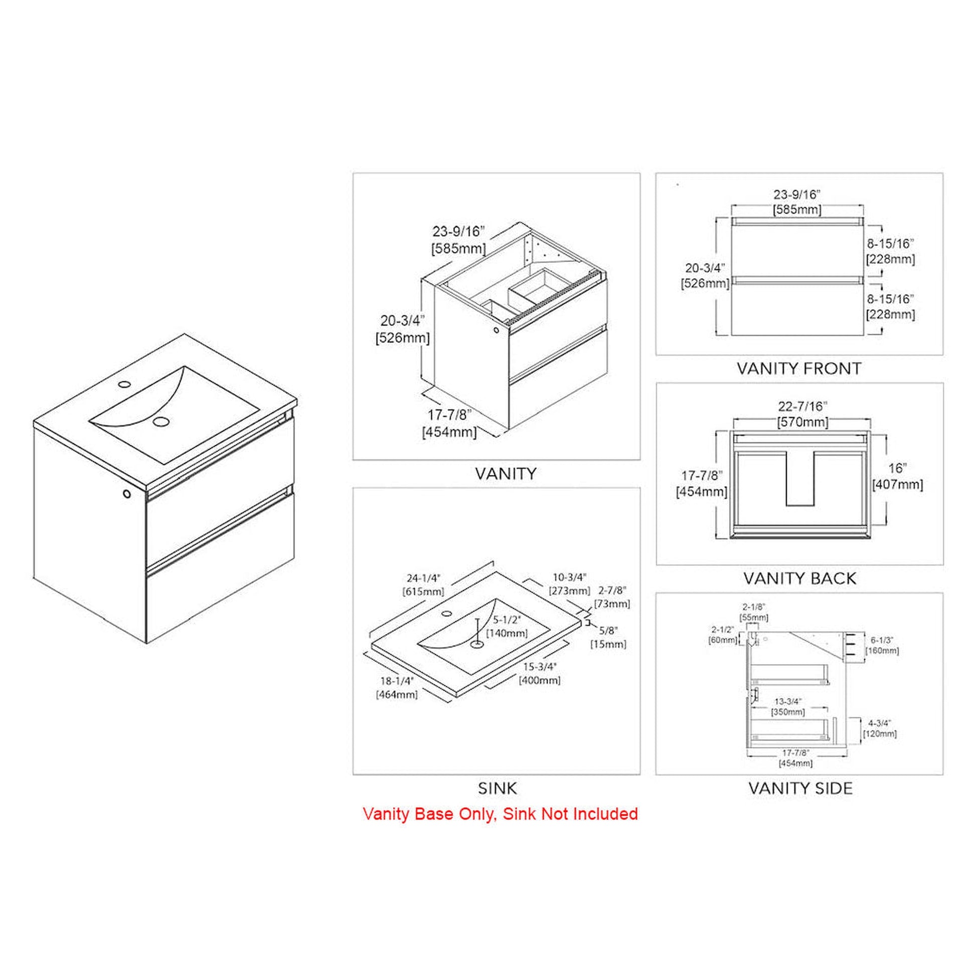 Blossom Jena 24" 2-Drawer Calacatta White Wall-Mounted Vanity Base