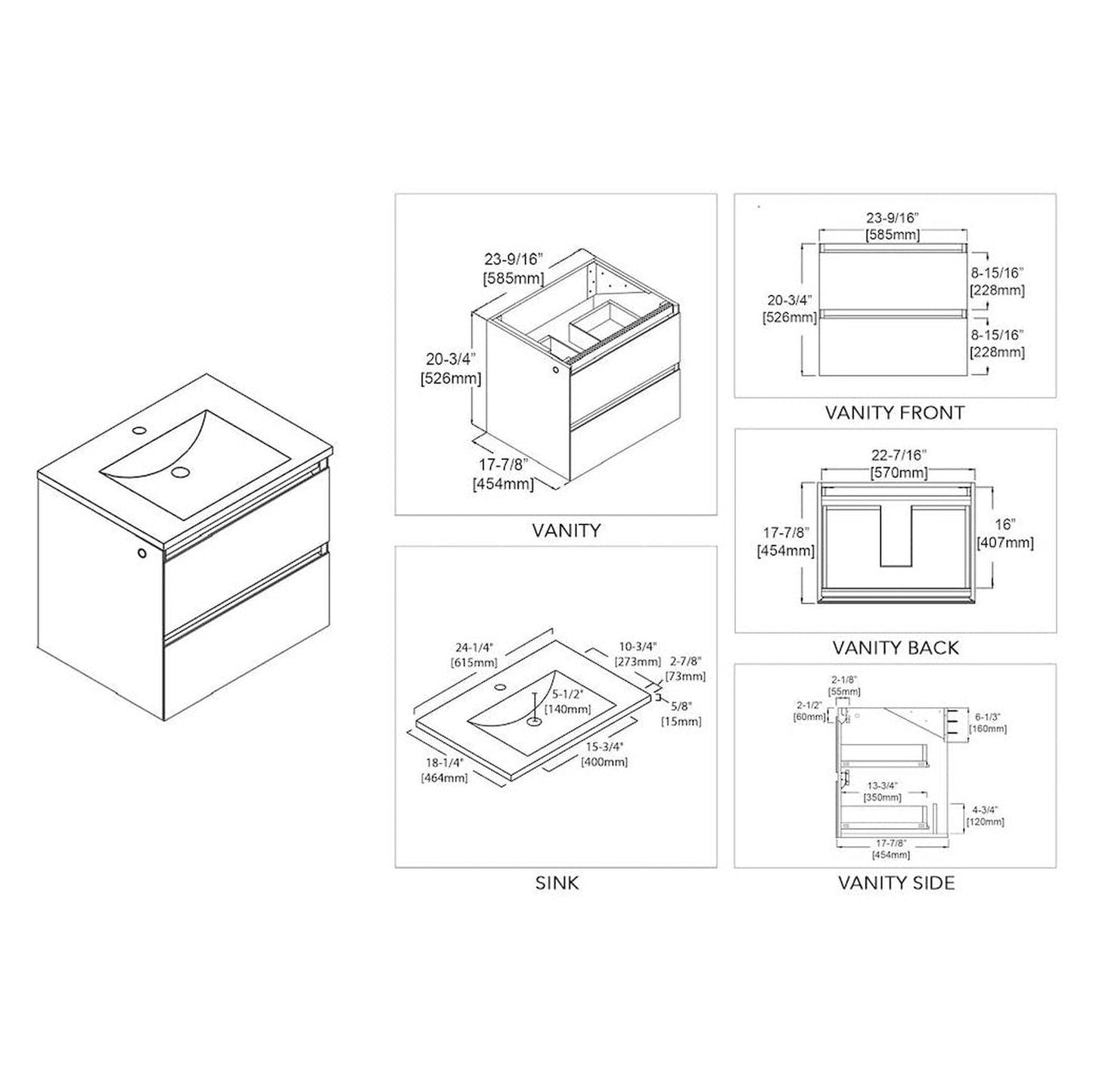 Blossom Jena 24" 2-Drawer Calacatta White Wall-Mounted Vanity Set With Ceramic Top and Integrated Single Sink