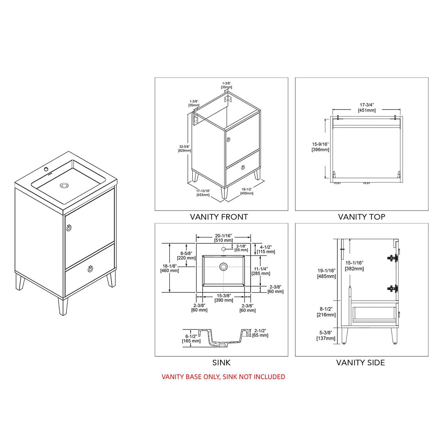 Blossom Lyon 20" 1-Door 1-Drawer Matte White Freestanding Vanity Base