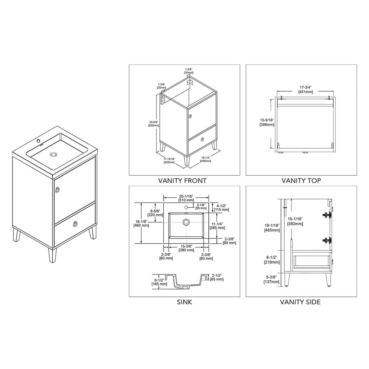 Blossom Lyon 20" 1-Door 1-Drawer Matte White Freestanding Vanity Set With Acrylic Top and Integrated Single Sink