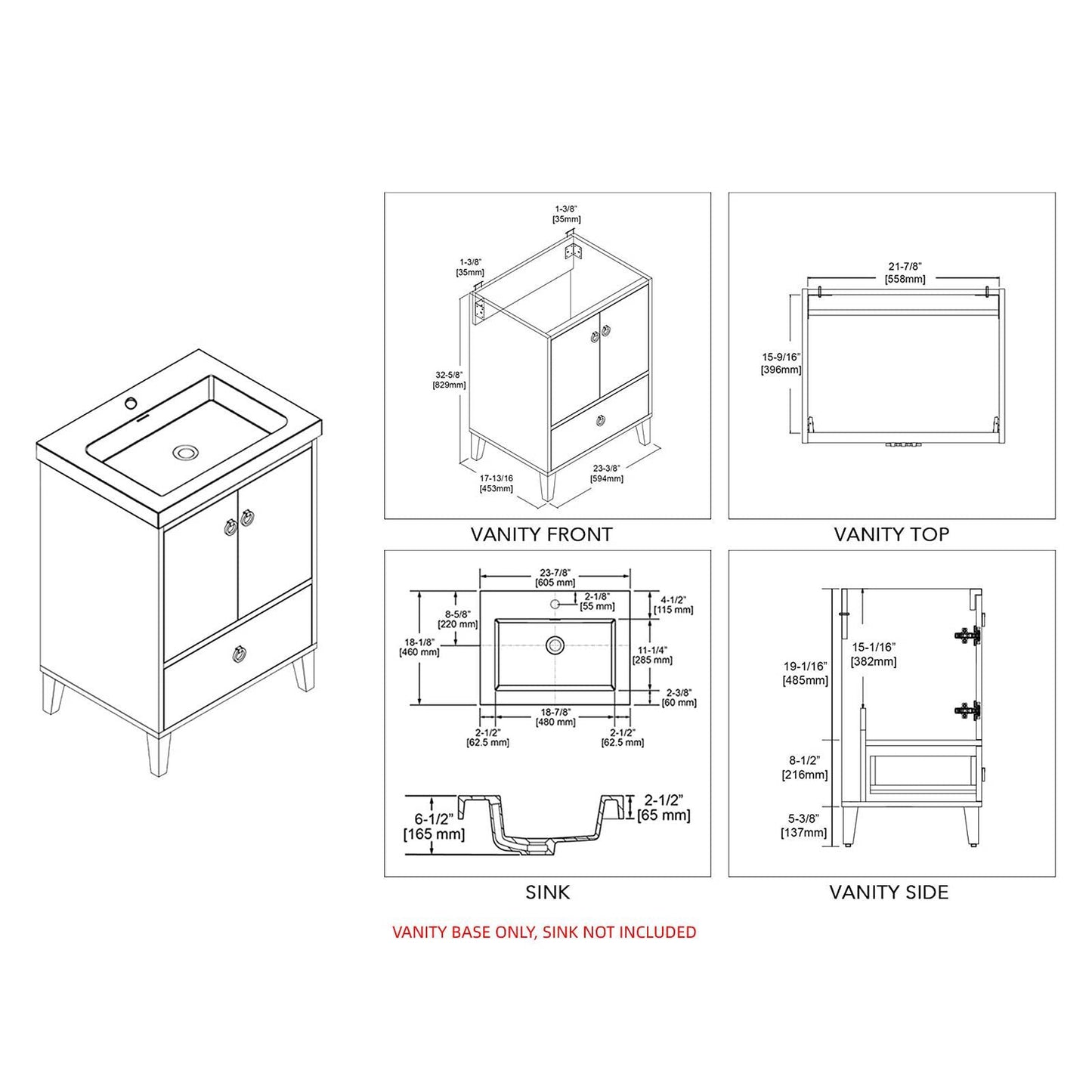 Blossom Lyon 24" 2-Door 1-Drawer Matte White Freestanding Vanity Base