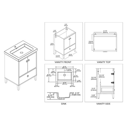 Blossom Lyon 24" 2-Door 1-Drawer Matte White Freestanding Vanity Set With Acrylic Top and Integrated Single Sink