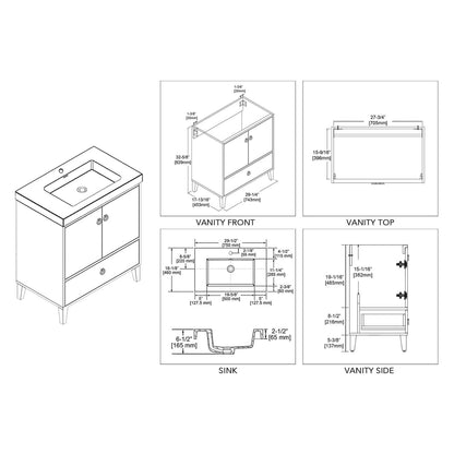 Blossom Lyon 30" 2-Door 1-Drawer Matte White Freestanding Vanity Set With Acrylic Top and Integrated Single Sink