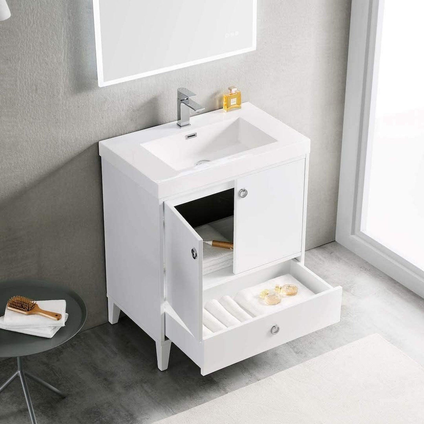 Blossom Lyon 30" 2-Door 1-Drawer Matte White Freestanding Vanity Set With Acrylic Top and Integrated Single Sink