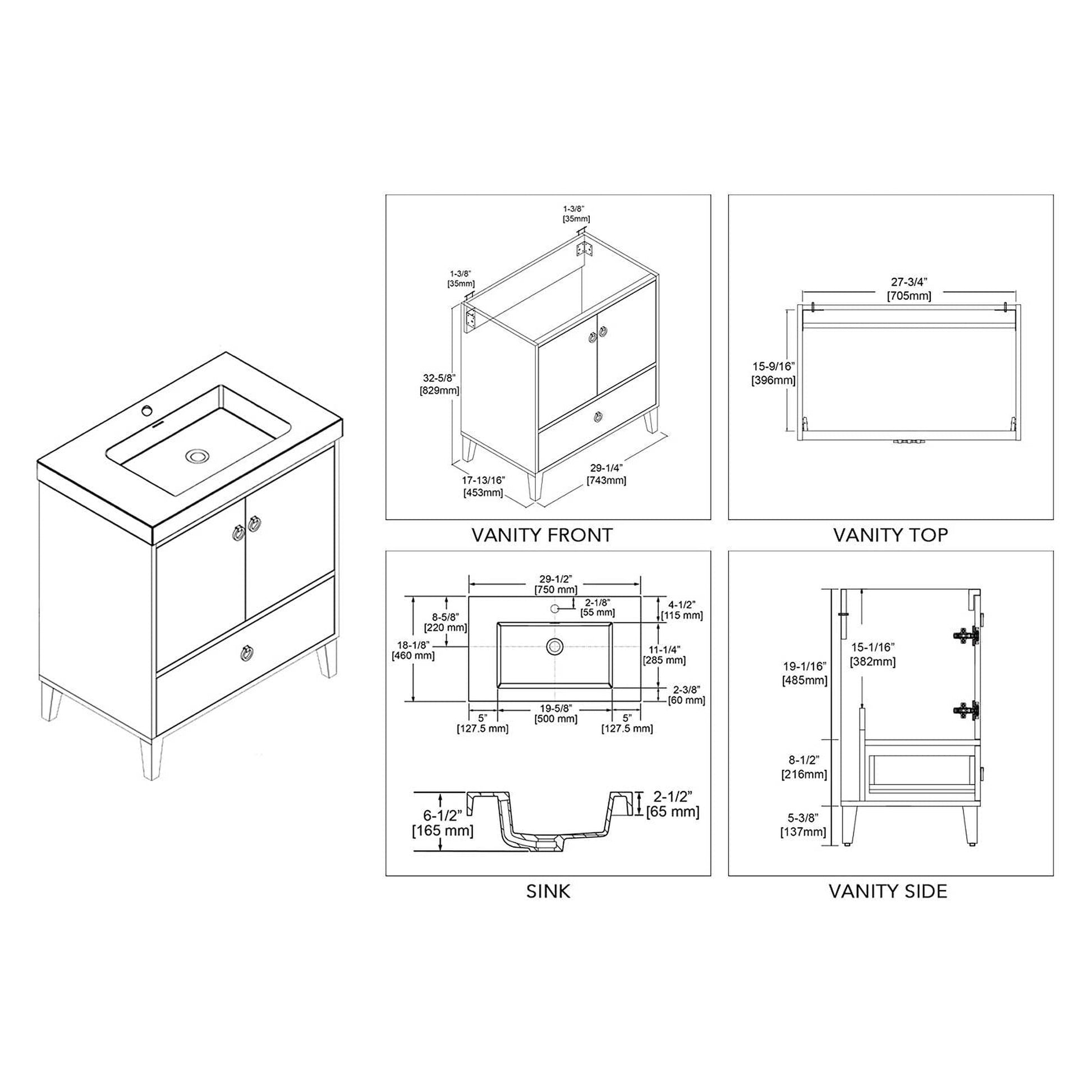 Blossom Lyon 30" 2-Door 1-Drawer Matte White Freestanding Vanity Set With Acrylic Top and Integrated Single Sink