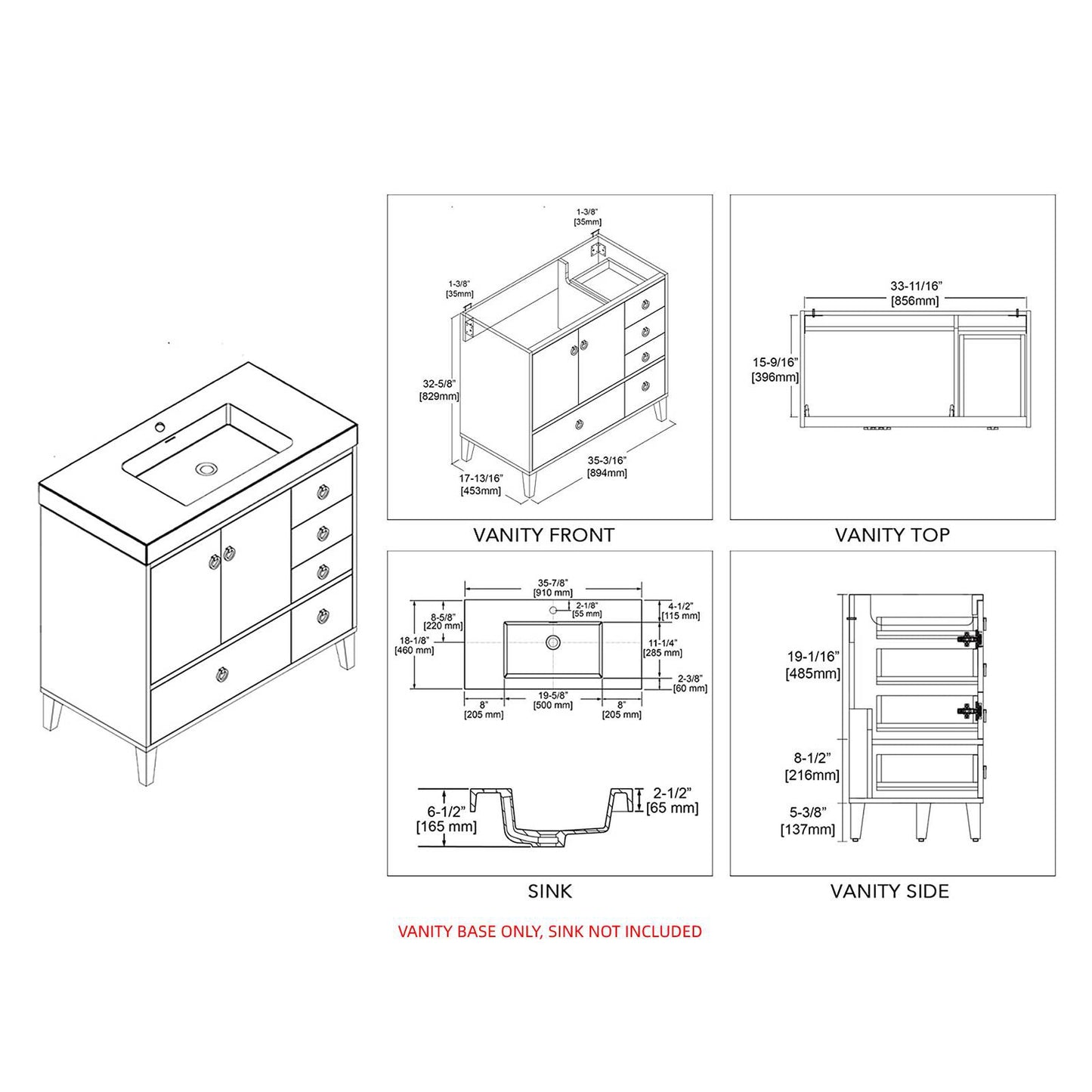 Blossom Lyon 36" 2-Door 5-Drawer Matte White Freestanding Vanity Base