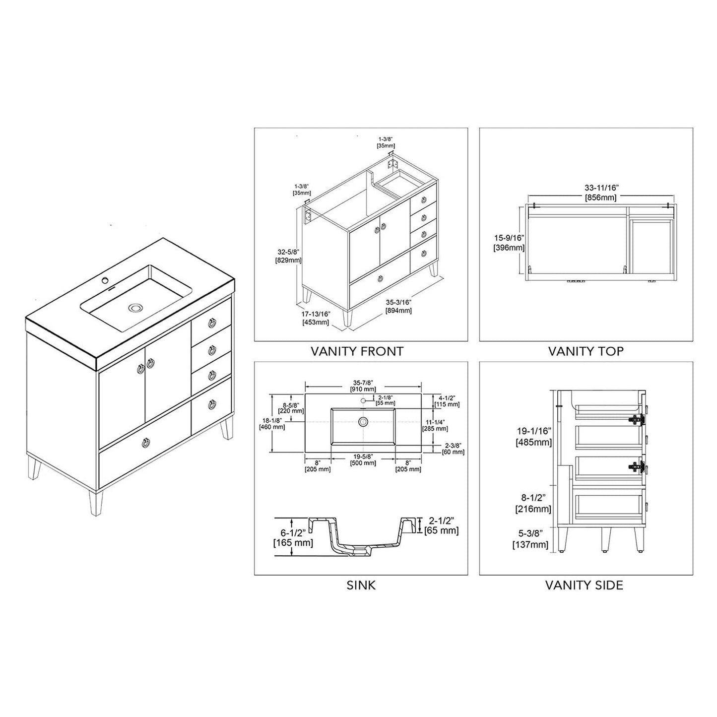 Blossom Lyon 36" 2-Door 5-Drawer Matte White Freestanding Vanity Set With Acrylic Top and Integrated Single Sink