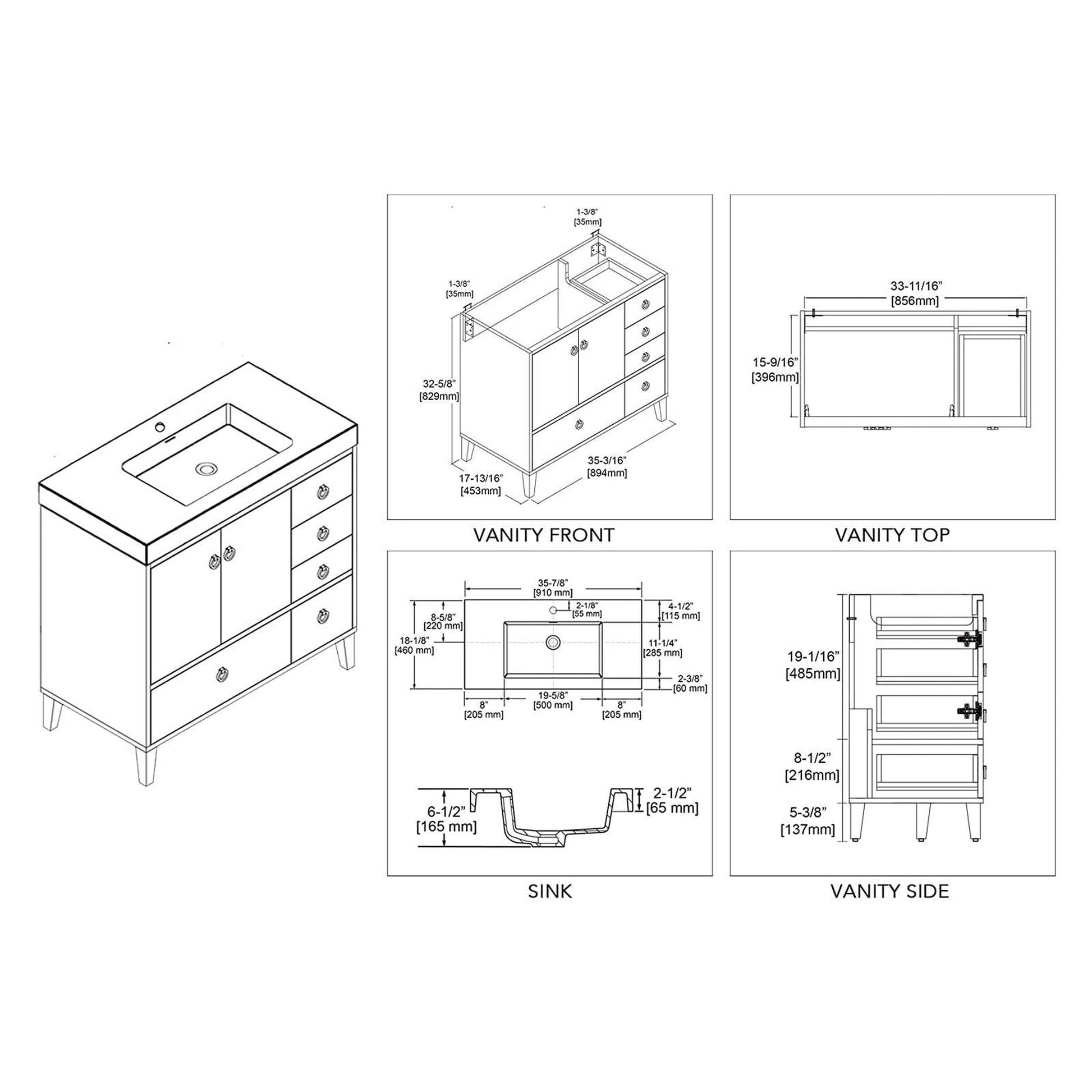 Blossom Lyon 36" 2-Door 5-Drawer Matte White Freestanding Vanity Set With Acrylic Top and Integrated Single Sink