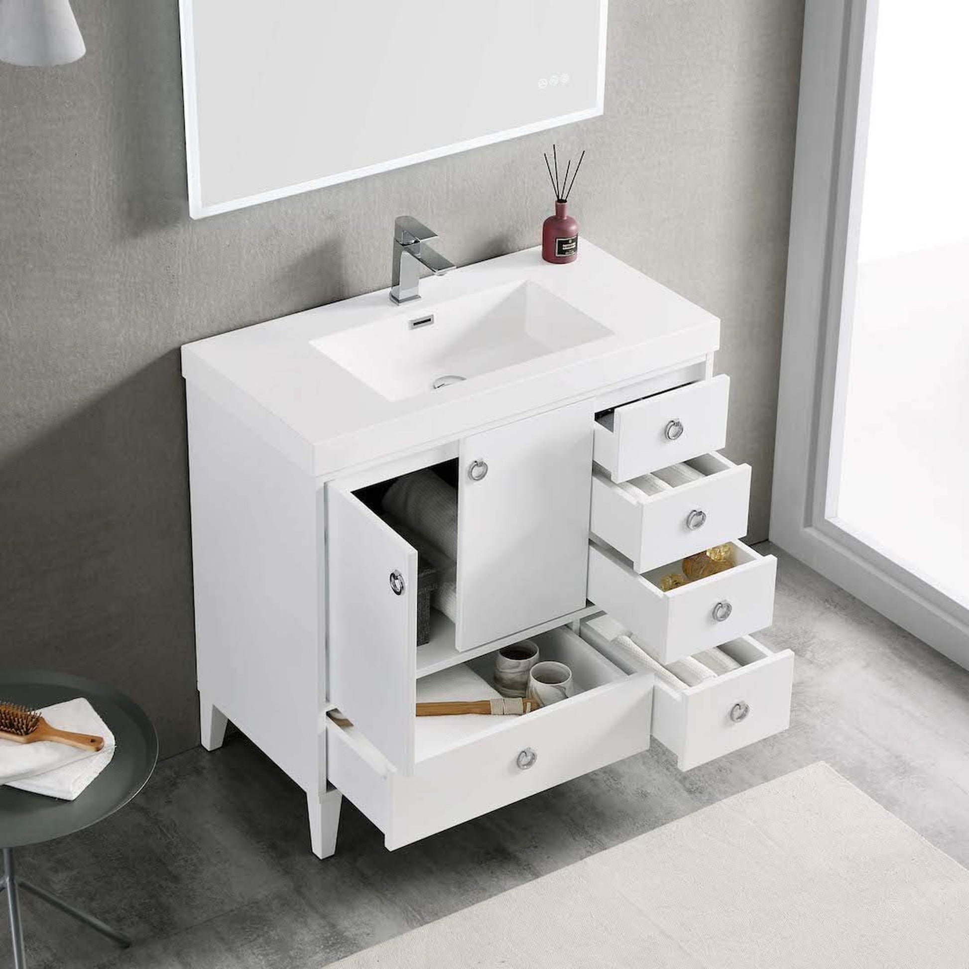 Blossom Lyon 36" 2-Door 5-Drawer Matte White Freestanding Vanity Set With Acrylic Top and Integrated Single Sink