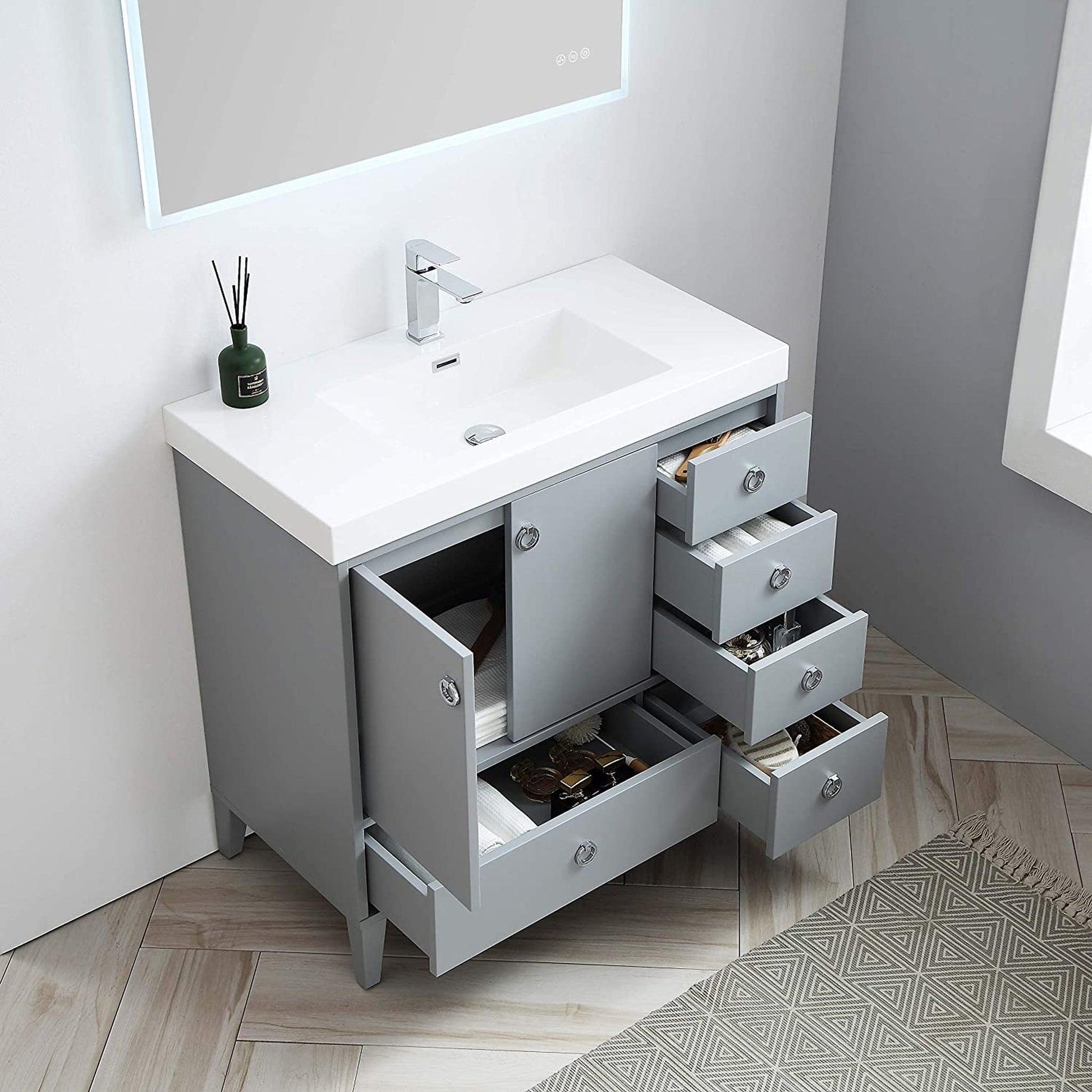 Blossom Lyon 36" 2-Door 5-Drawer Metal Gray Freestanding Vanity Set With Acrylic Top and Integrated Single Sink