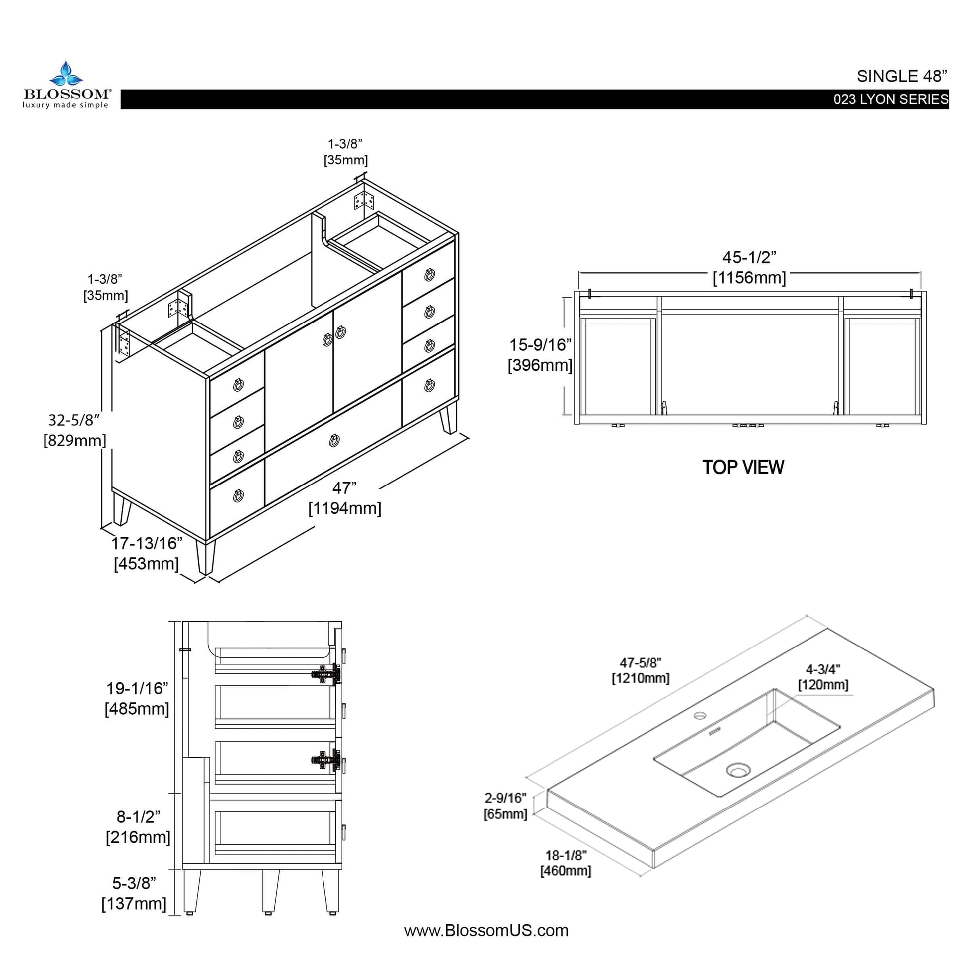 Blossom Lyon 48" 2-Door 9-Drawer Matte White Freestanding Vanity Set With Acrylic Top and Integrated Single Sink