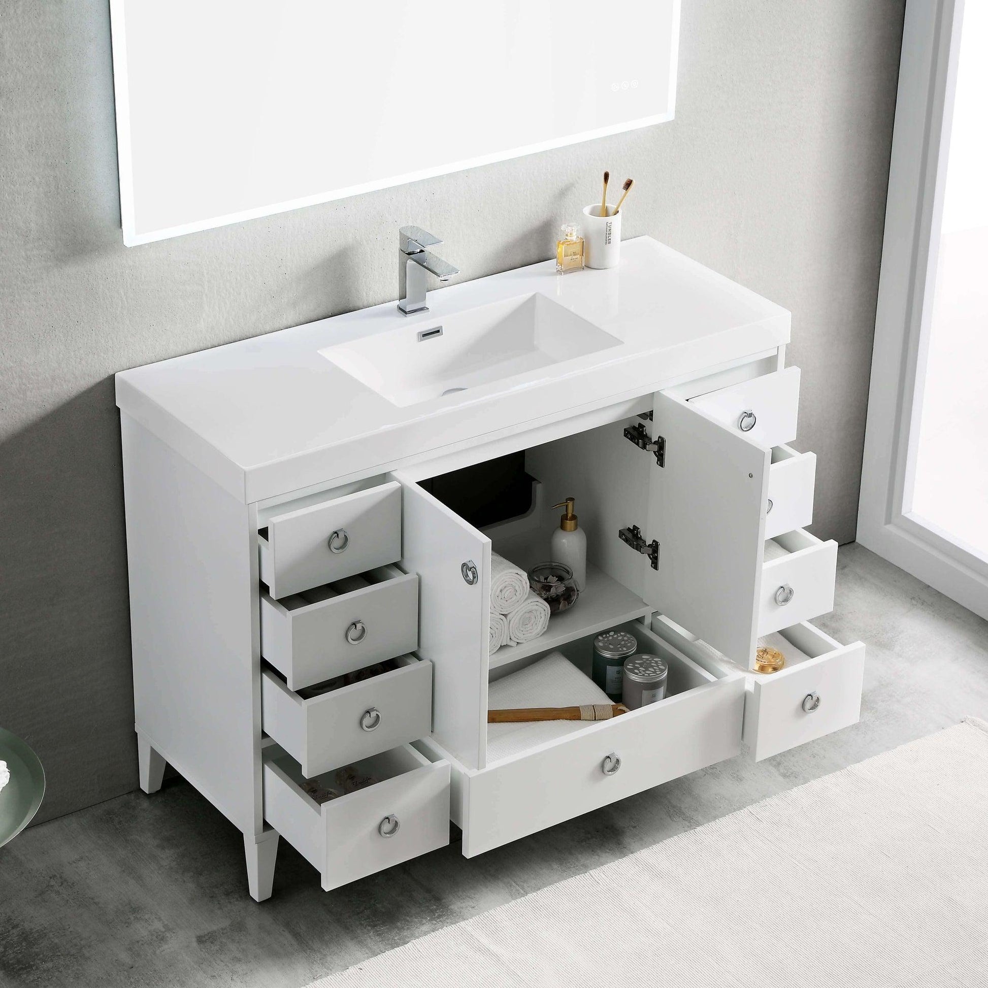 Blossom Lyon 48" 2-Door 9-Drawer Matte White Freestanding Vanity Set With Acrylic Top and Integrated Single Sink