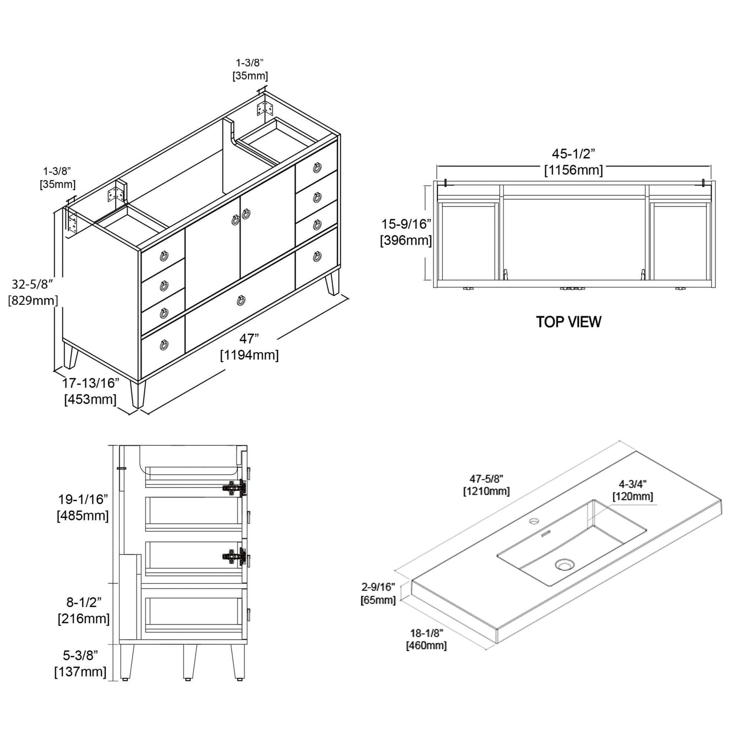 Blossom Lyon 48" 2-Door 9-Drawer Matte White Freestanding Vanity Set With Acrylic Top and Integrated Single Sink