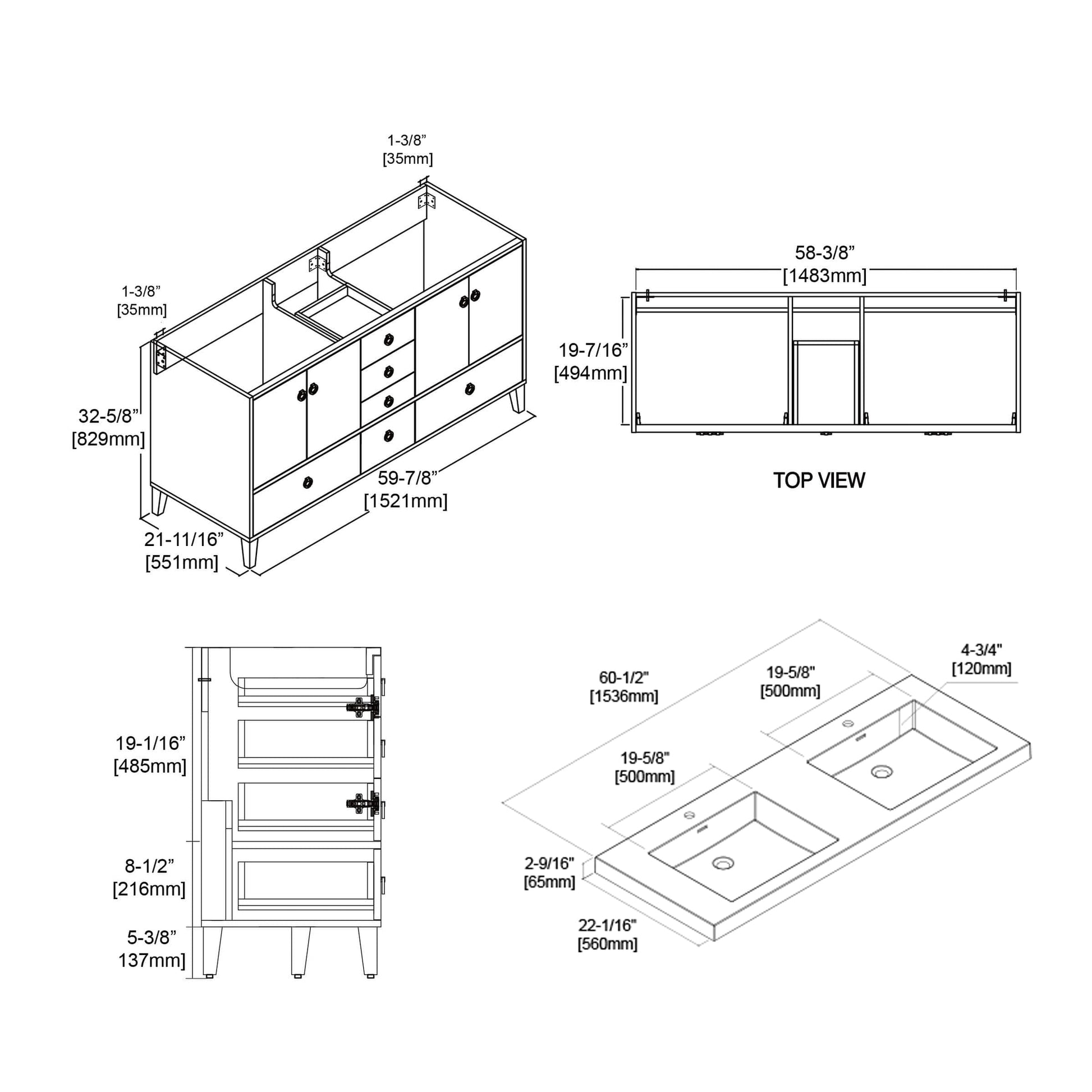 Blossom Lyon 60" 2-Door 9-Drawer Metal Gray Freestanding Vanity Set With Acrylic Top and Integrated Double Sinks