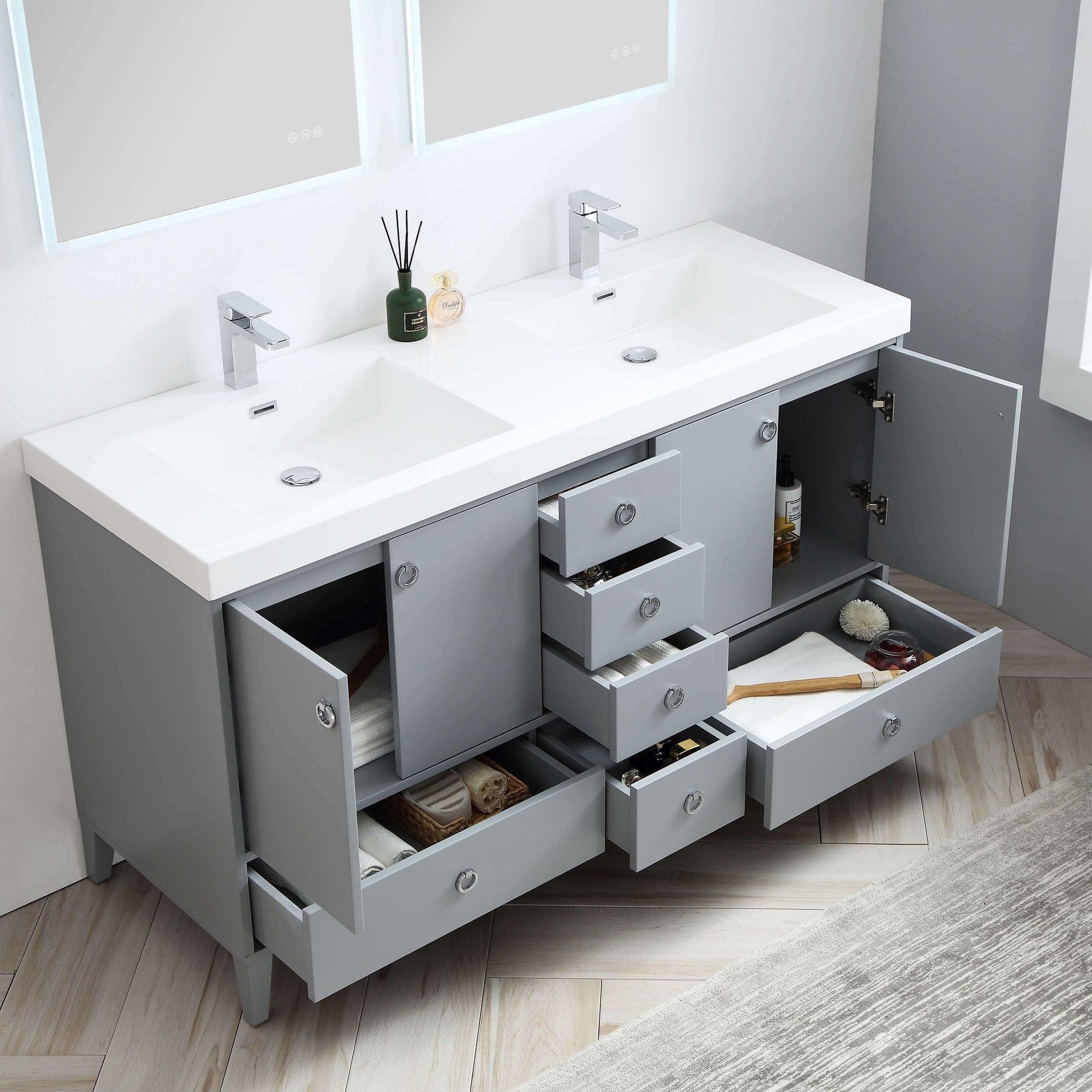 Blossom Lyon 60" 2-Door 9-Drawer Metal Gray Freestanding Vanity Set With Acrylic Top and Integrated Double Sinks