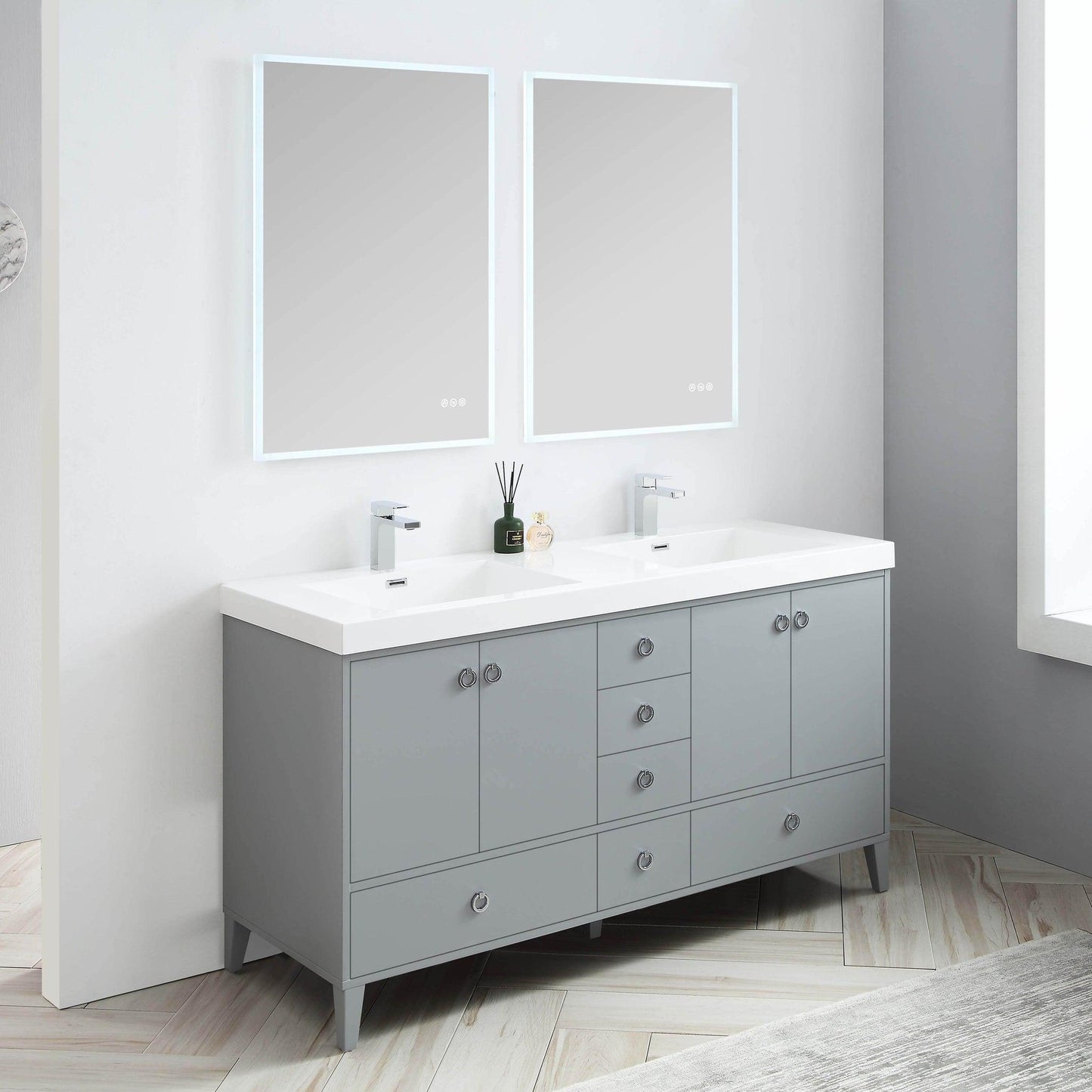 Blossom Lyon 60" 2-Door 9-Drawer Metal Gray Freestanding Vanity Set With Acrylic Top and Integrated Double Sinks