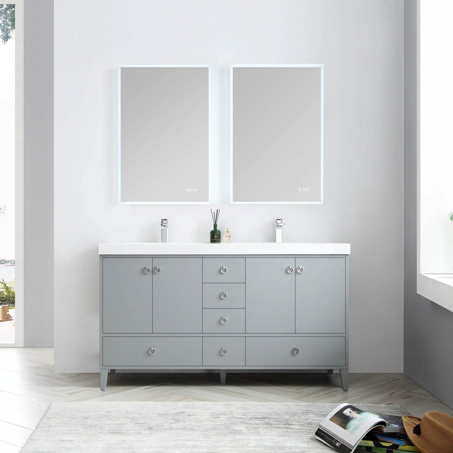 Blossom Lyon 60" 2-Door 9-Drawer Metal Gray Freestanding Vanity Set With Acrylic Top and Integrated Double Sinks