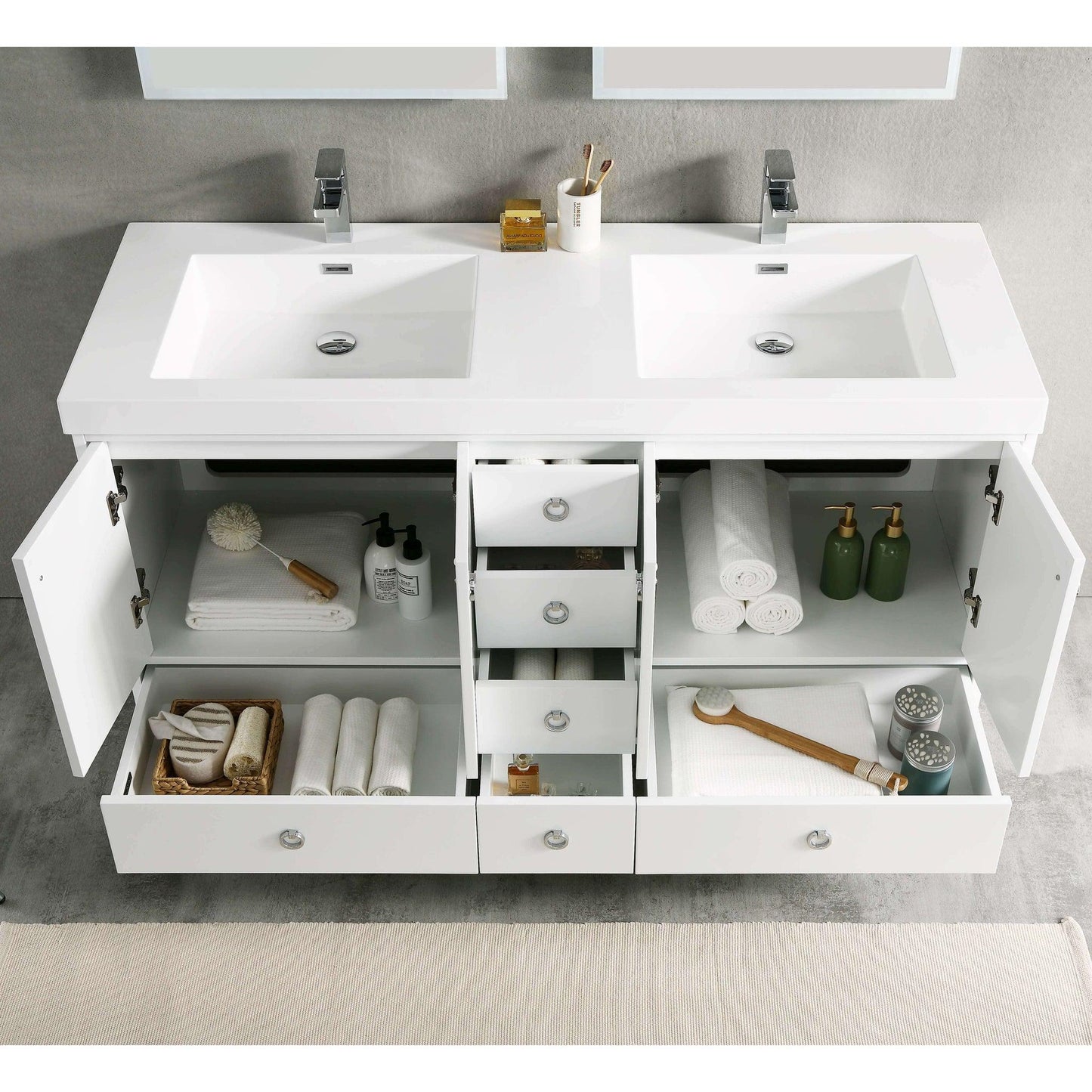 Blossom Lyon 60" 4-Door 2-Drawer Matte White Freestanding Vanity Set With Acrylic Top and Integrated Double Sinks
