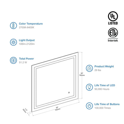 Blossom Lyra 30" x 30" Wall-Mounted Square LED Mirror